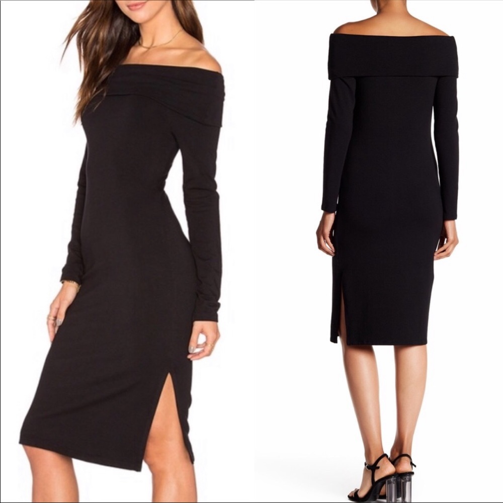Splendid Black off the Shoulder Knit Midi Dress with Side Slit Splendid XL